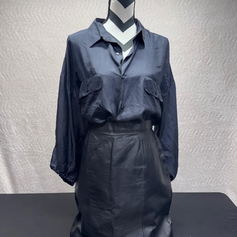 L.O.U. Silk Navy Blue Button Down Shirt Long Sleeve 100% Silk XL